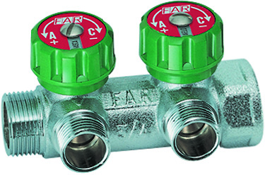 Регулирующий коллектор FAR 1" (ВР-НР) с 2 отв. 1/2" НР плск.упл. (FK 3821 112TP)