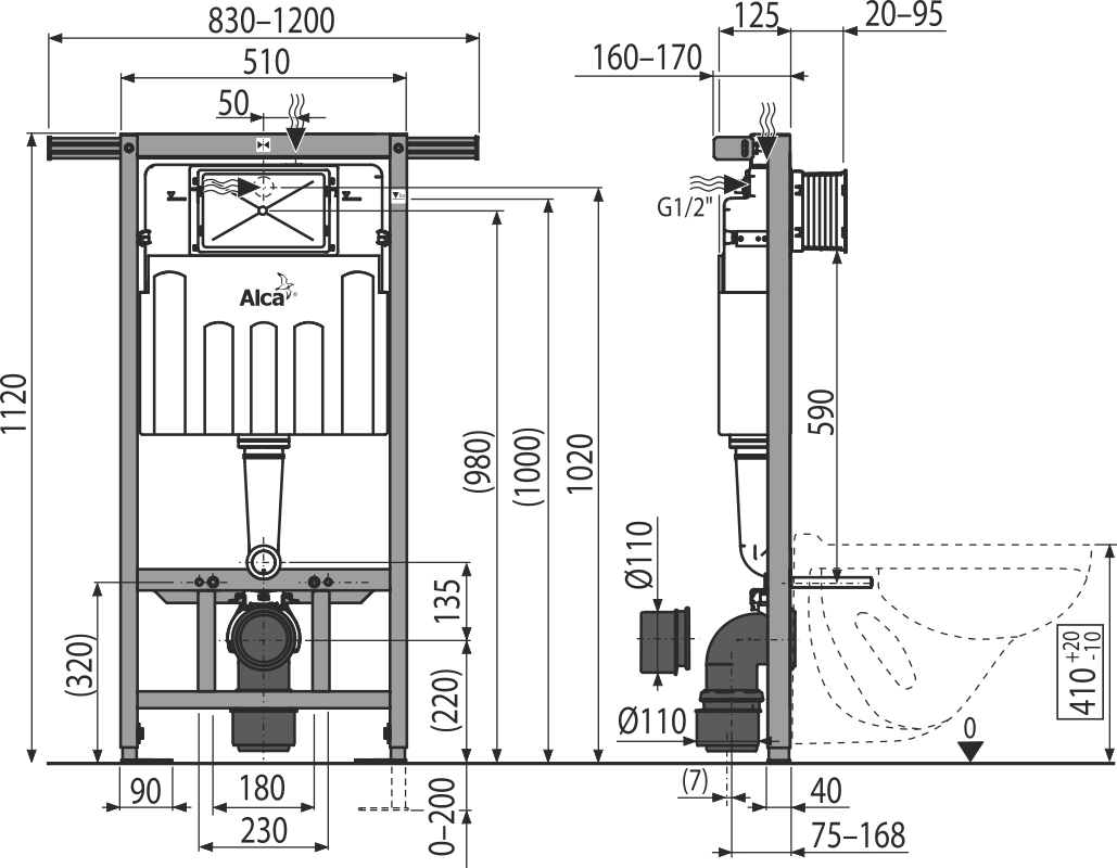 Скрытая система инсталляции для сухой установки (для гипсокартона) Sadromodul Alcaplast AM102/1120