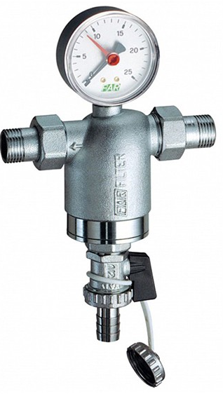 Фильтр 1/2" НР-НР, с манометром, 100мкм, Max: 95 °C, 25 бар FAR FA 3944 12100